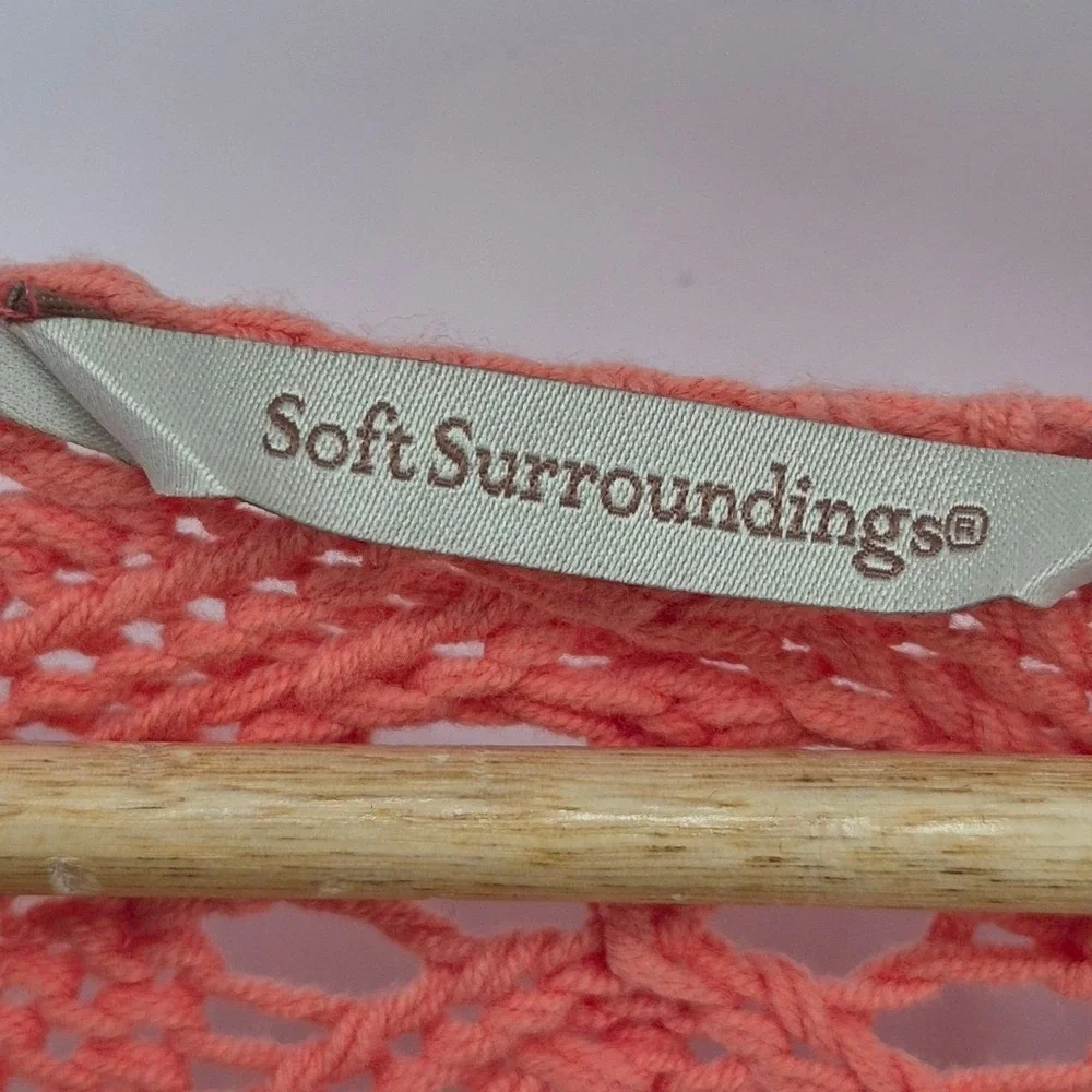 Soft Surroundings Coral Orange Crochet Knit Button Front Cardigan Sweater‎ PM